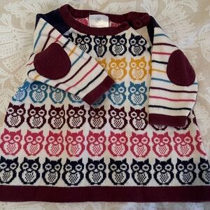 Girls Owl Pattern Knit Dress with Striped Sleeves - Multicolor